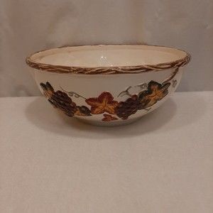 Large Harvest Ceramic Embossed Serving Bowl Grapes Autumn Leaves Thanksgiving